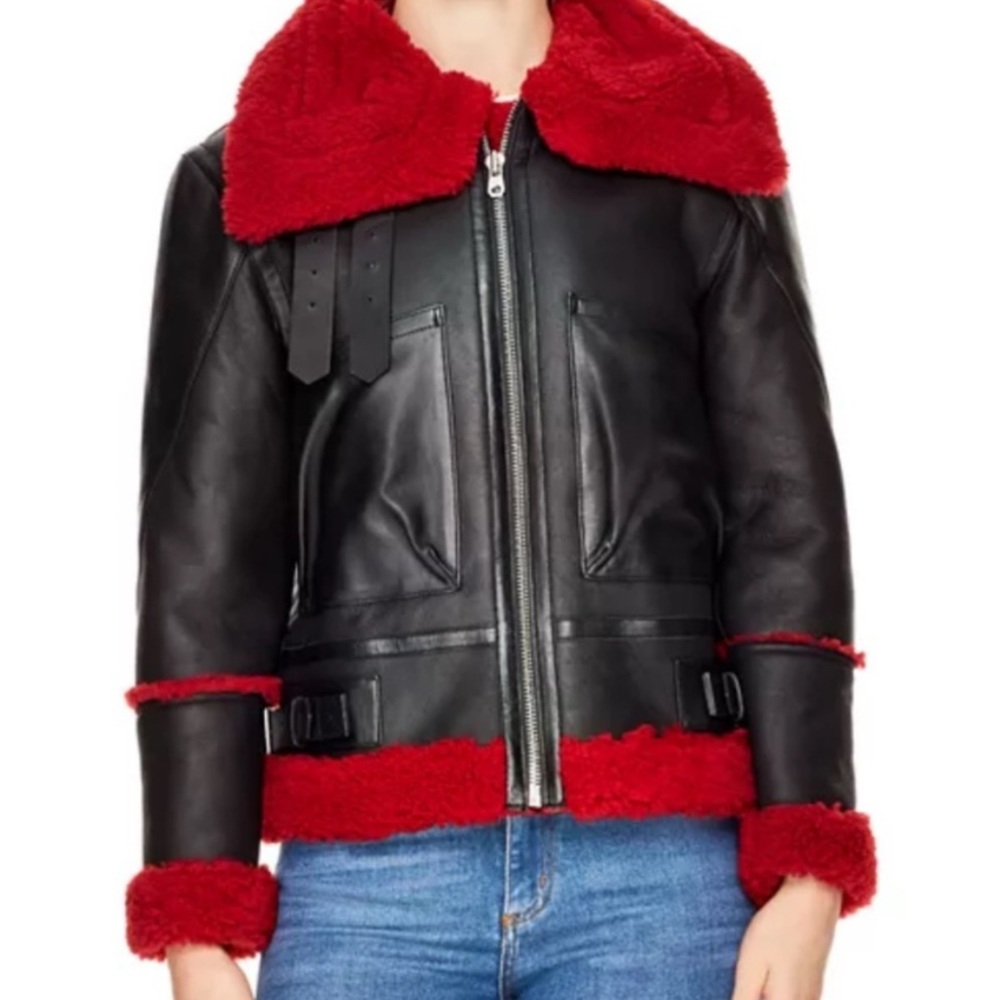SANDRO Black and Red Leather Moto Jacket